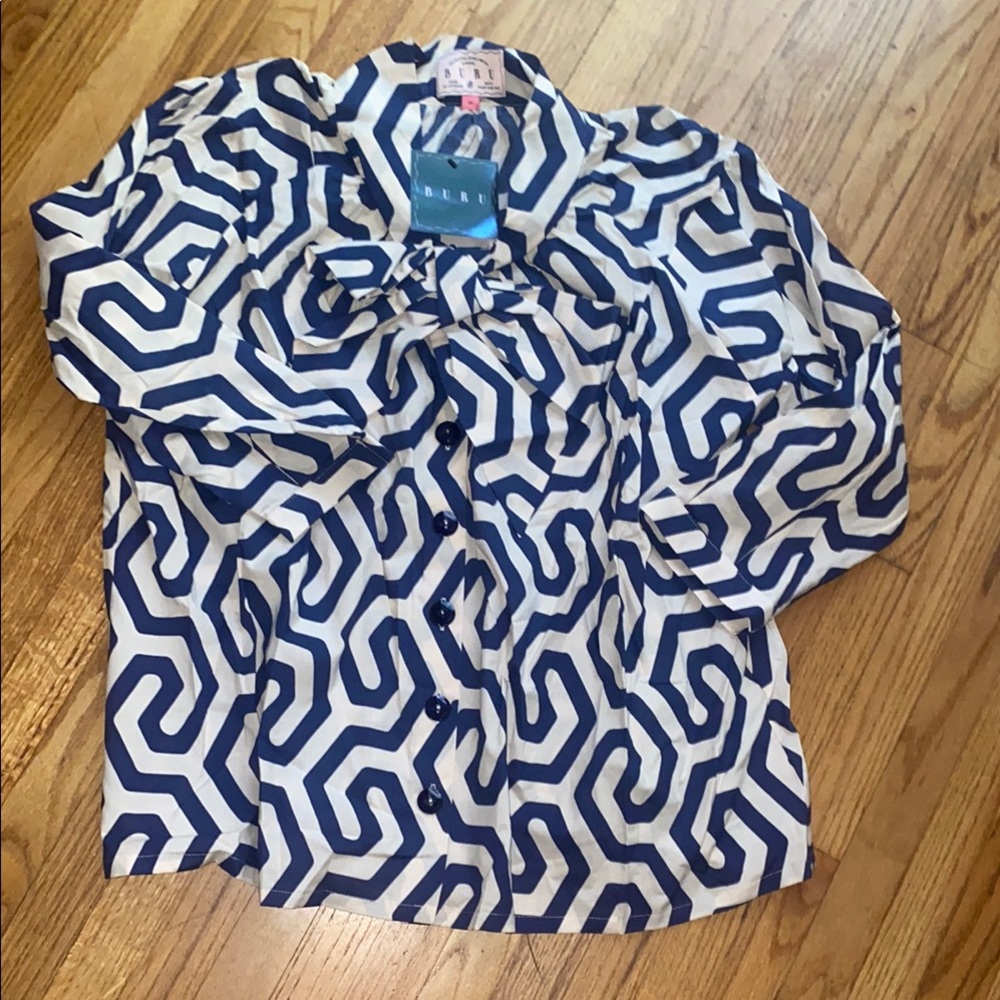 BURE 1X Big Bow Blouse Blue and White Geometric Button-Up Shirt Brand New Tags
